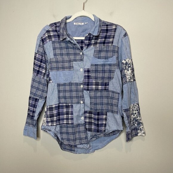 Vintage 90s Blue Plaid Floral Patchwork Button Down Blouse Size Medium - Picture 1 of 5